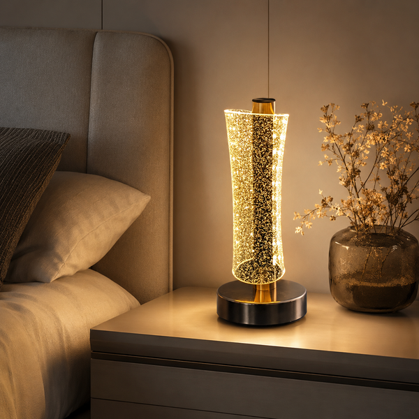 LumaNest lamp lit in a styled room