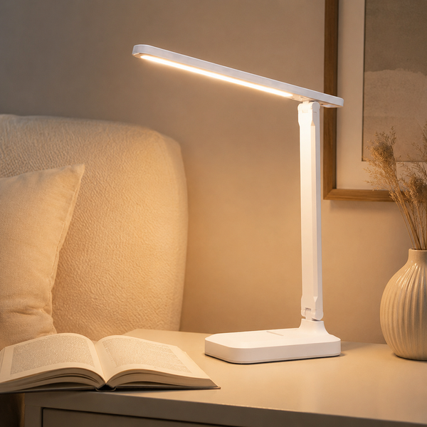 LumaNest lamp lit in a styled room