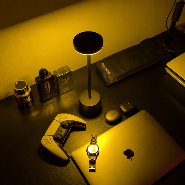 LumaNest lamp lit in a styled room